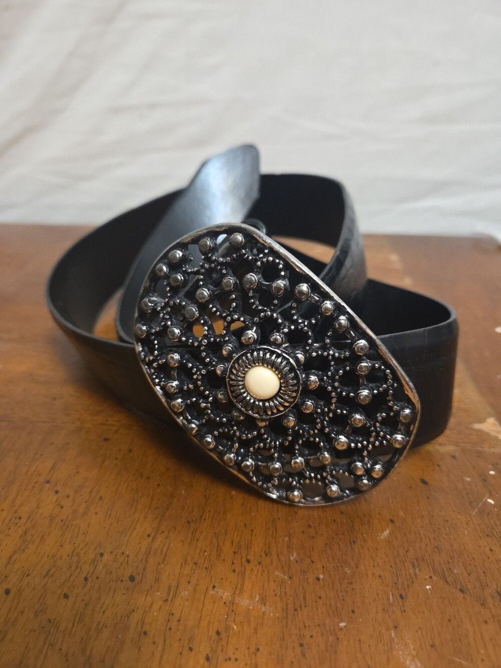 Juliana Collezione Belt Black Size Small Italian Leather Rhinestone Buckle